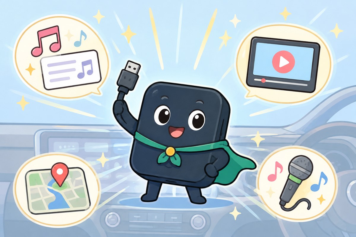 AIBoxはカーナビで歌詞・動画・ナビ・カラオケができる万能ガジェット（キャラクターイラスト）