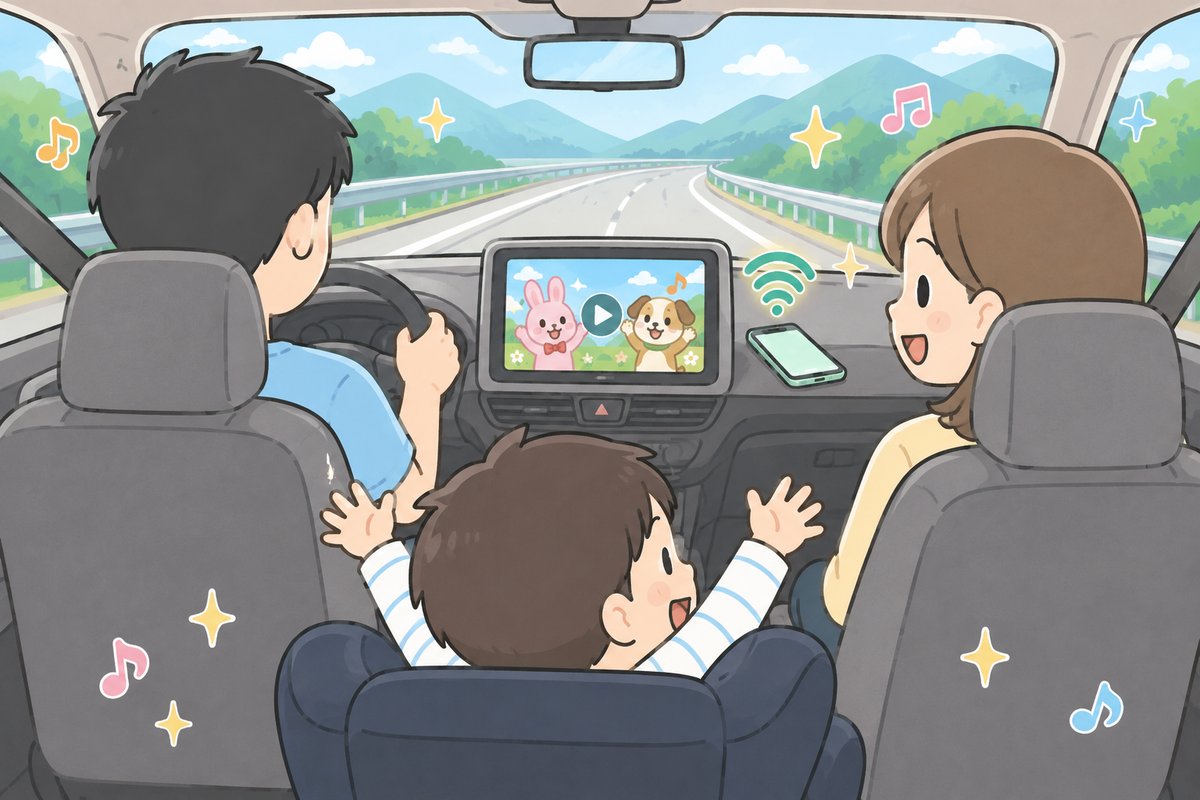 後部座席から見た、家族が車の中でスマホのテザリングだけで動画を楽しんでいるイラスト